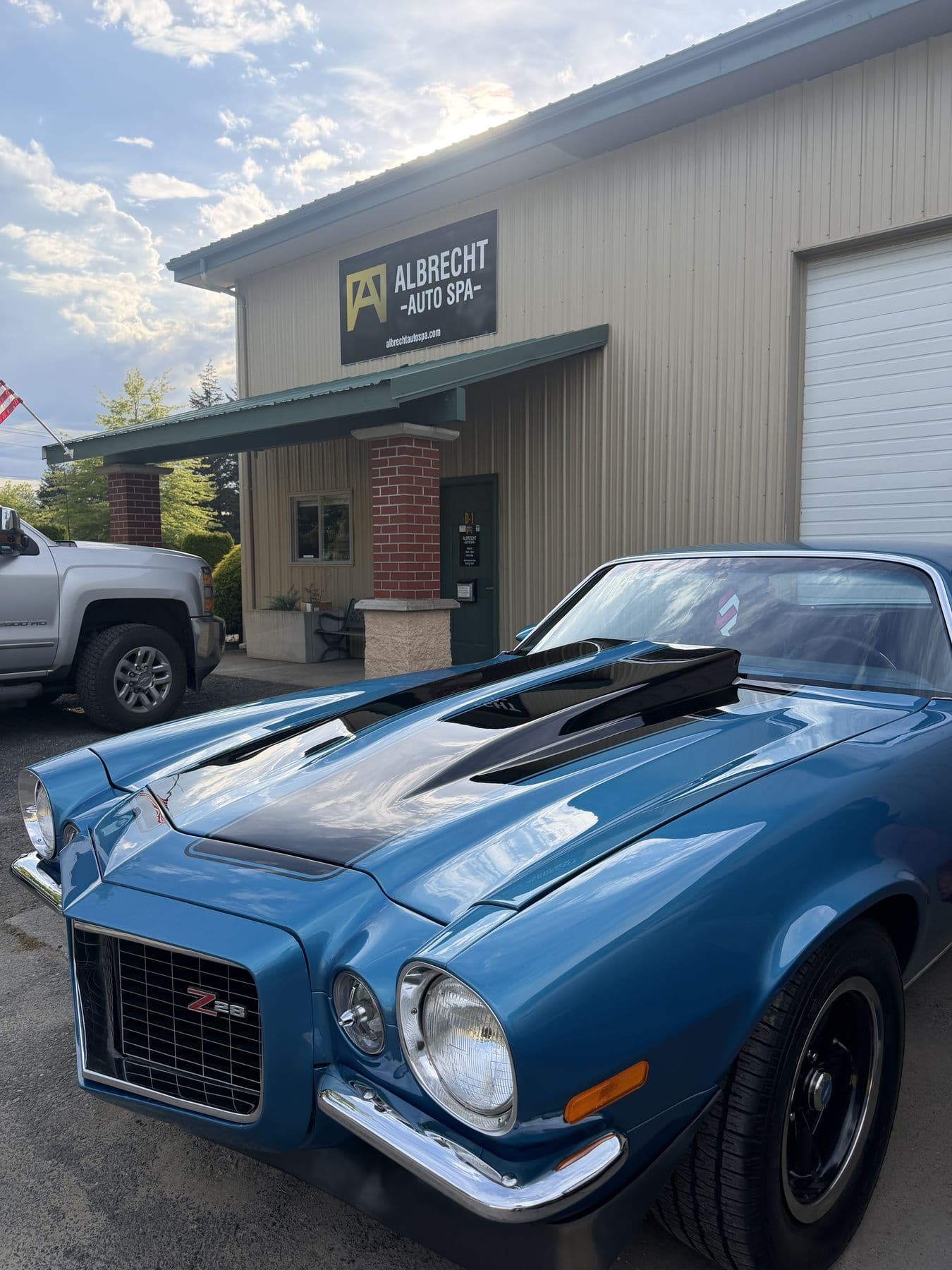 Blue 1970s Chevrolet Camaro Z28 with a lifetime ceramic coating at Albrecht Auto Spa in Ferndale, WA