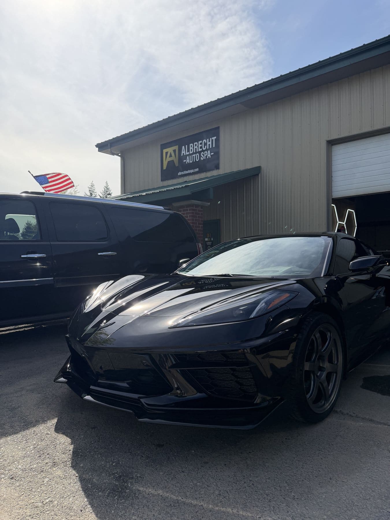 Black Chevrolet Corvette C8 after a lifetime ceramic coating at Albrecht Auto Spa in Ferndale, WA