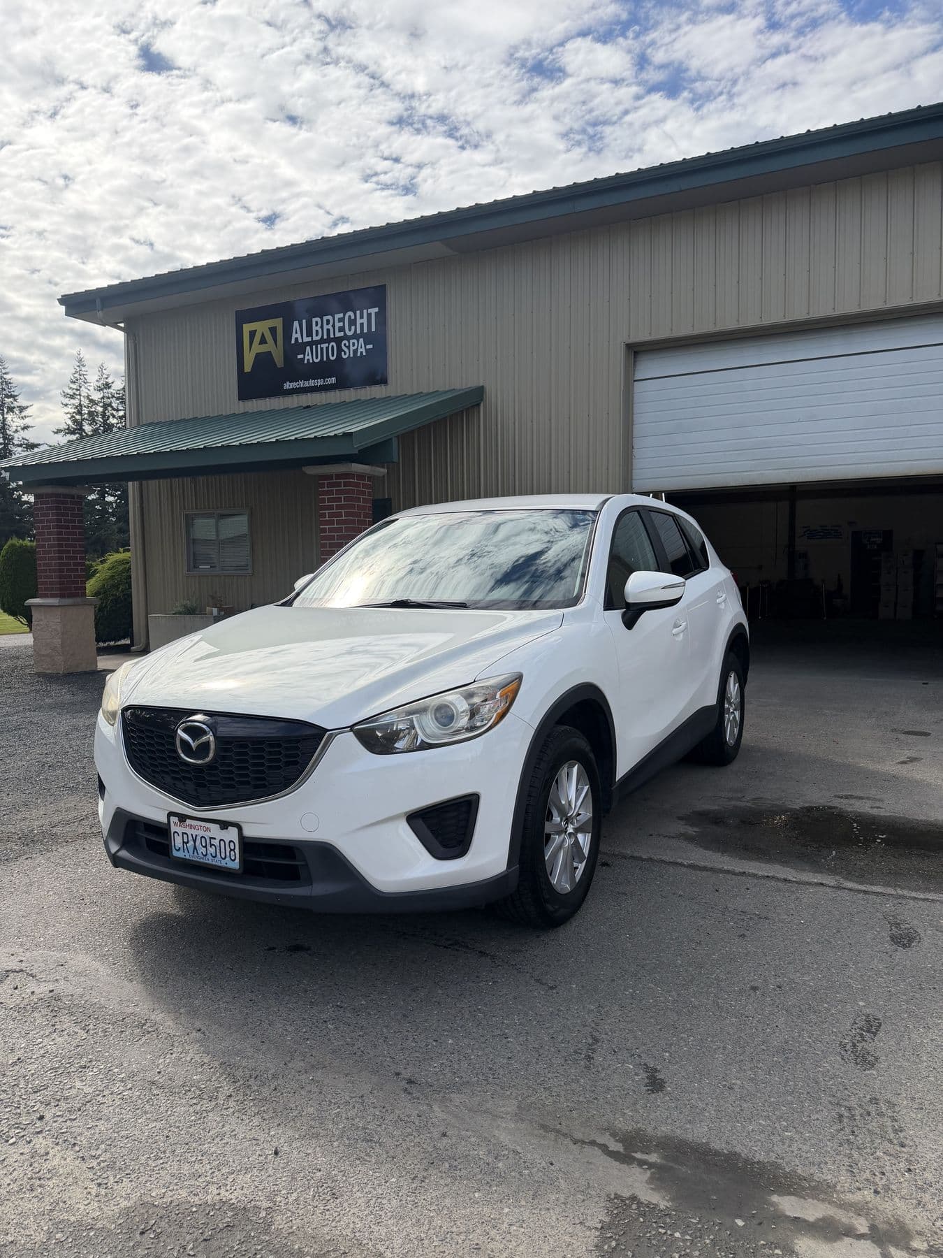 White Mazda CX-5 after an exterior detail at Albrecht Auto Spa in Ferndale, WA