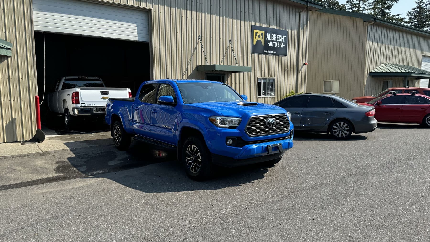 Blue Toyota Tacoma after paint correction at Albrecht Auto Spa in Ferndale, WA
