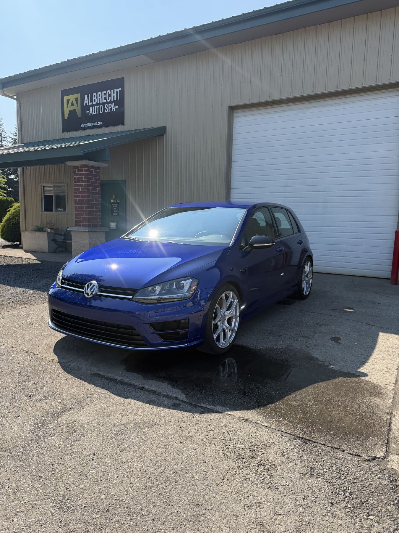 Blue Volkswagen Golf R after a full detail at Albrecht Auto Spa in Ferndale, WA