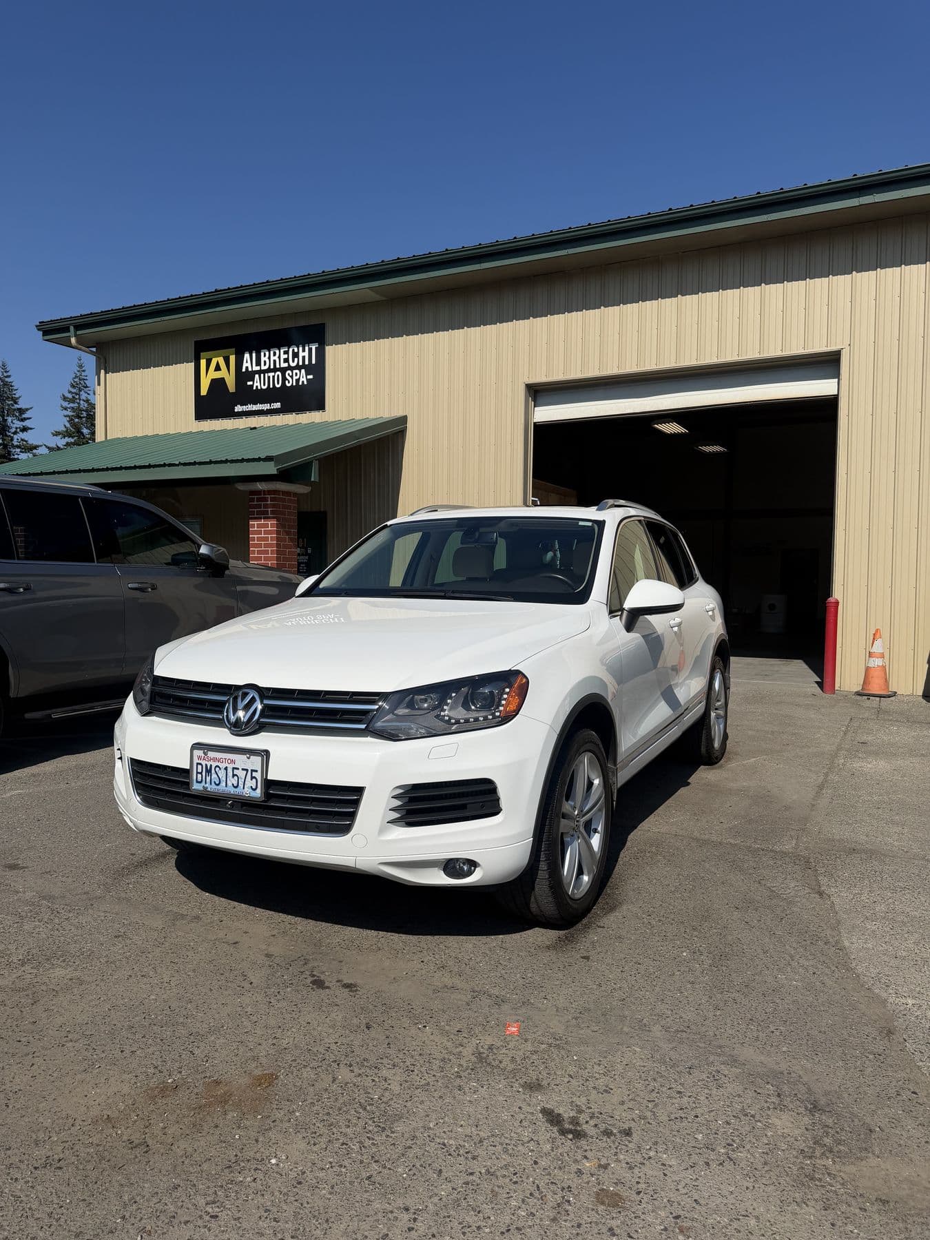 White Volkswagen Touareg after an exterior detail in Whatcom County, WA